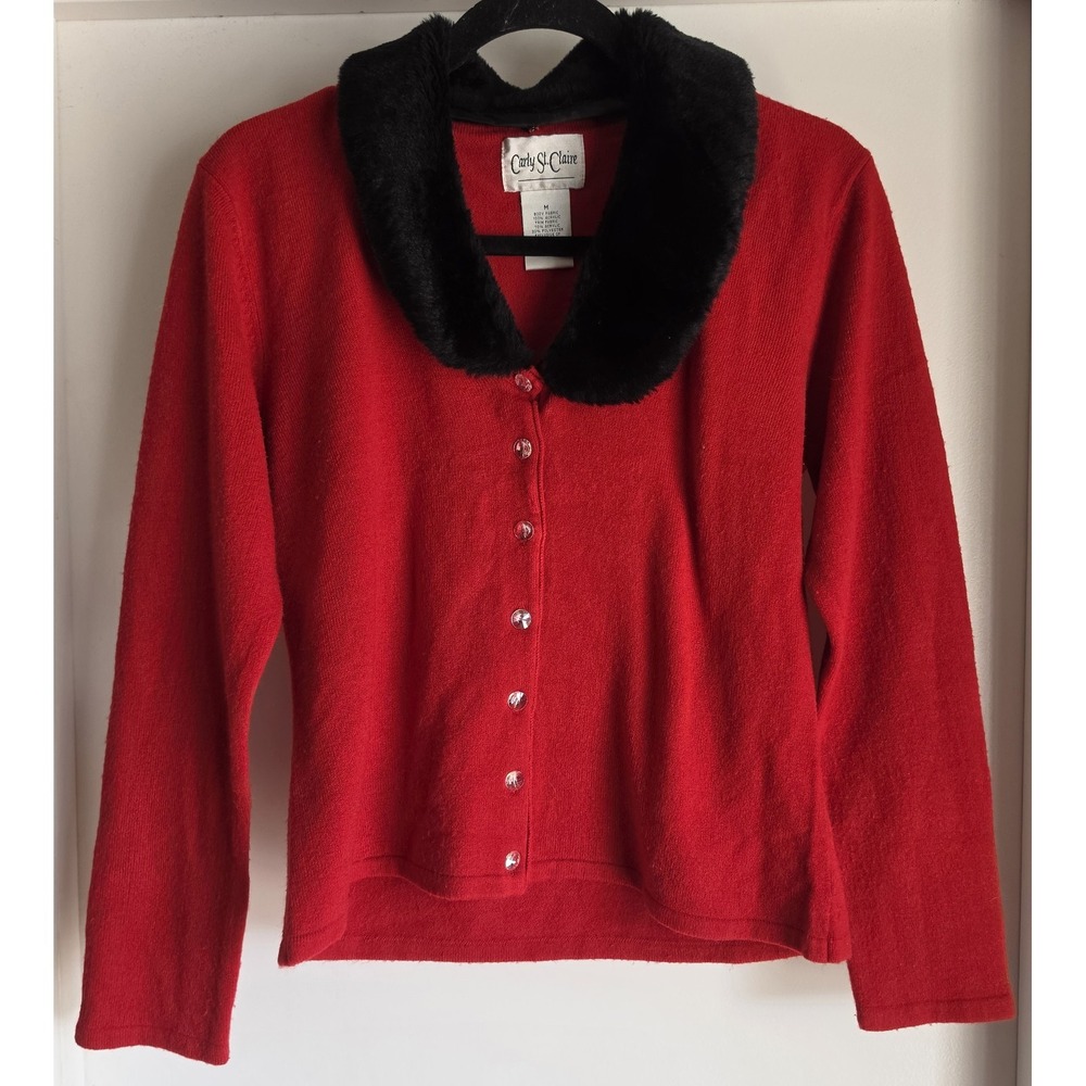 Carly St. Claire Cardigan M Red Black V-Neck Long Sleeve Vintage Removable Fur